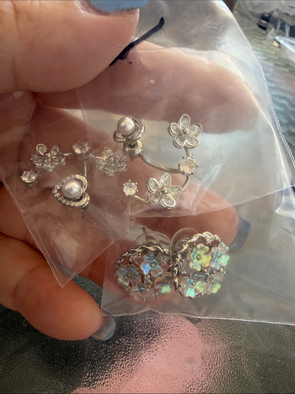 Silver Floral Pearl and Sequin Earrings Set - Silver